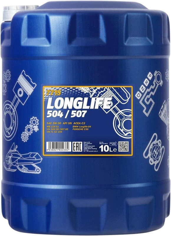 Mannol 10 Litres Longlife 504/507 5W-30 Engine Oil 7715 API SN Universal Fully Synthetic