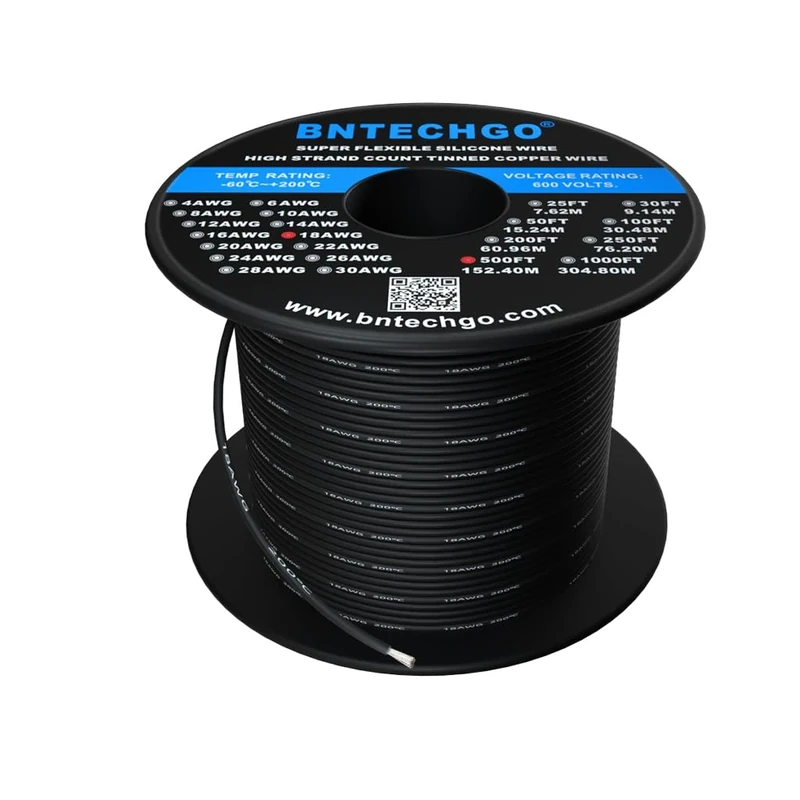 BNTECHGO 18 Gauge Silicone Wire Spool 500 ft Black Flexible 18 AWG Stranded Tinned Copper Wire