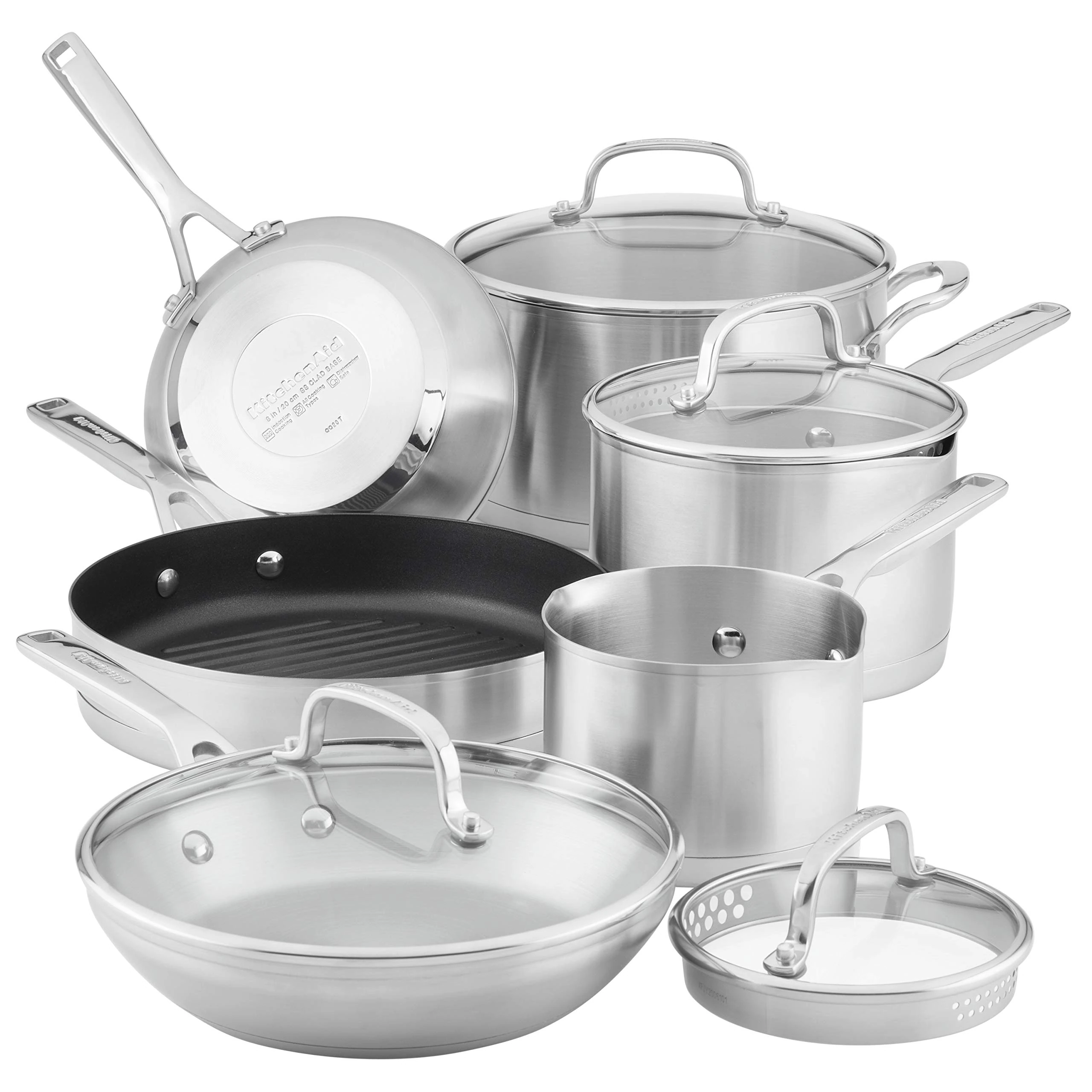 KitchenAid 3-Ply Base Brushed Stainless Steel Induction Pots and Pans Set with Nonstick Round Grill Pan and Lids, Dishwasher Safe, 10 Piece Cookware Set, Brushed Stainless Steel
