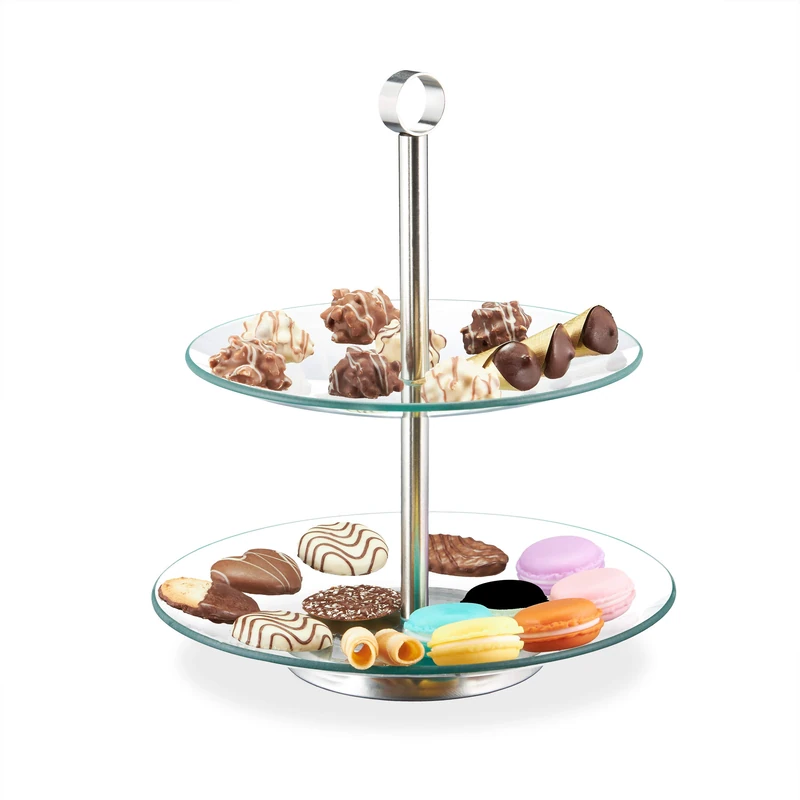 Relaxdays Étagère, 2-Tier Round, Serving Stand, Glass, Stainless Steel, Silver/Clear, Afternoon Tea, Cupcakes & Snacks