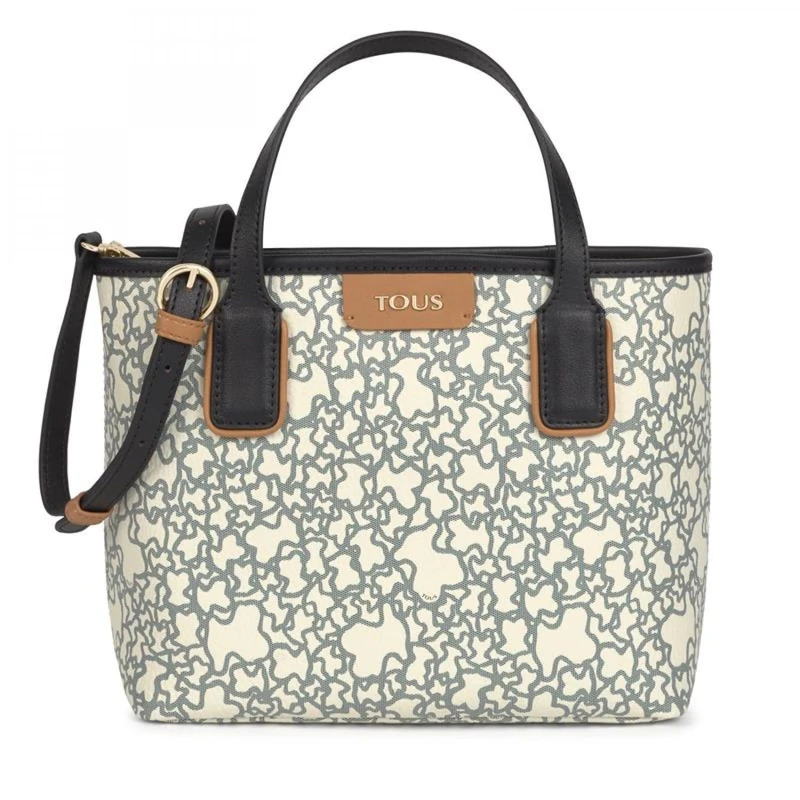 TOUS Small carrycot bag in waterproof canvas and beige and black vinyl leather effect, carabiner fastener, measures 30 x 21 x 12 cm, original and elegant, Kaos Mini collection