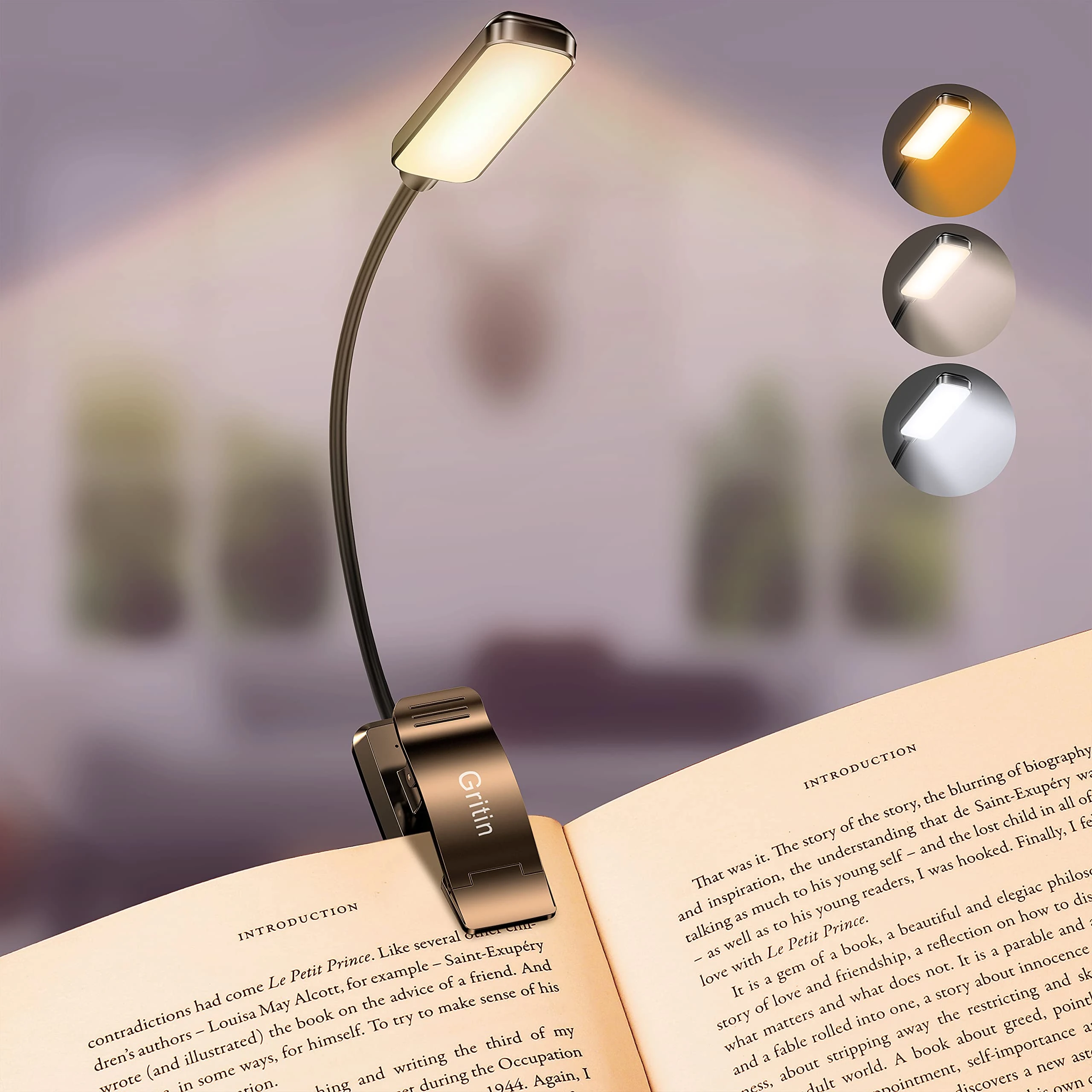 Gritin 9 LED Clip on Book Light, 3 Eye-Protecting Modes Flexible Reading Light Book Lamp (Warm&Cool White) -Stepless Dimming, Rechargeable, Long Battery Life, 4-Level Power Indicator