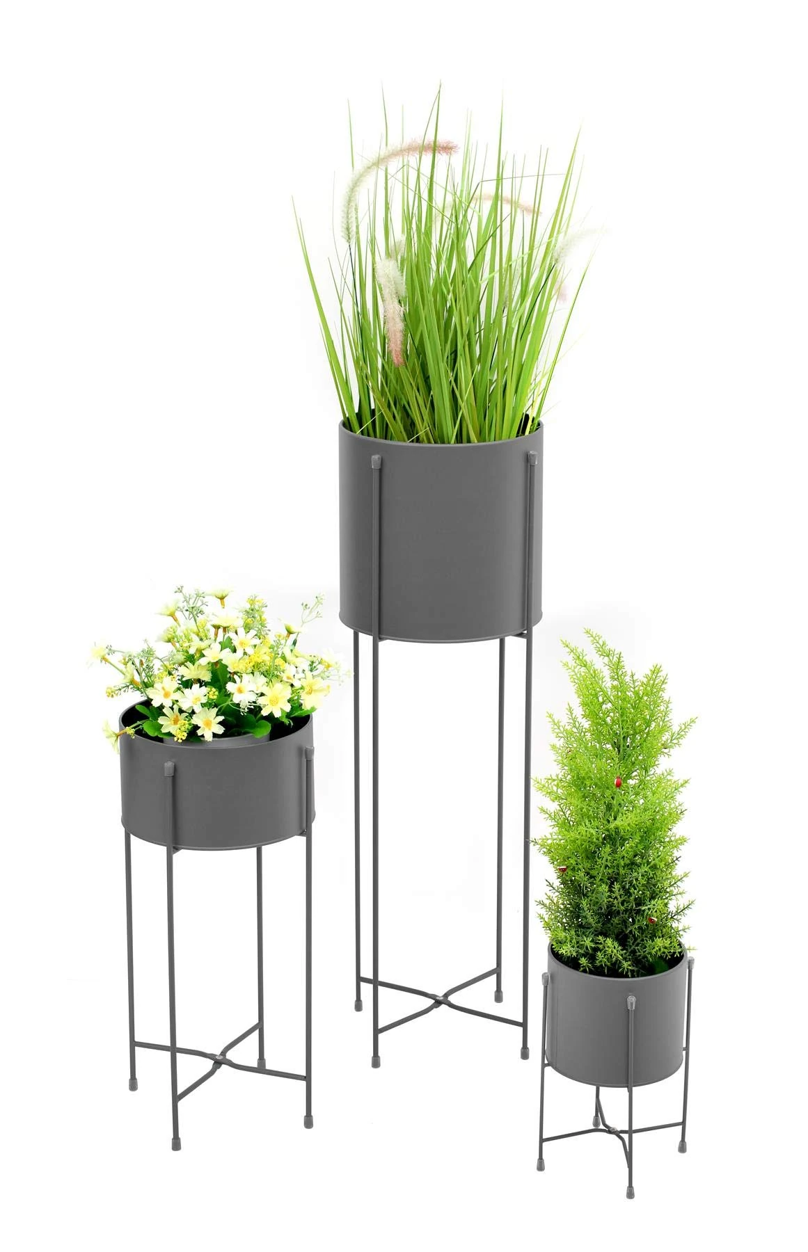 3PC Tall Contemporary Indoor & Outdoor Flower Plant Pot Holders & Hairpin Stands - SLATE GREY