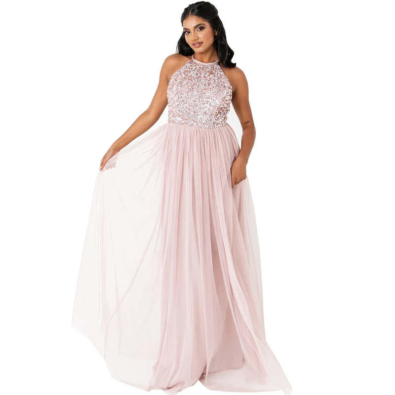 Maya Deluxe Women's Maya Frosted Embellished Halter Neck Pink Maxi Dress Bridesmaid, 8 - Image 1