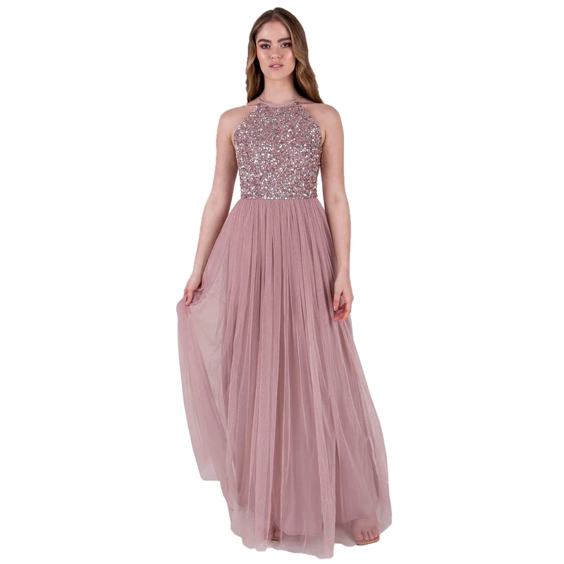 Maya Deluxe Women's Maya Frosted Embellished Halter Neck Pink Maxi Dress Bridesmaid, 10