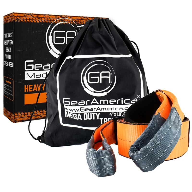 GearAmerica Mega Tree Saver Winch Strap 4"x10' | Ultra Heavy Duty 45000 lbs (22.5 US Tons) Strength | Triple Reinforced Loops + Protective Sleeves | Emergency Truck Towing | Free Storage Bag + Strap