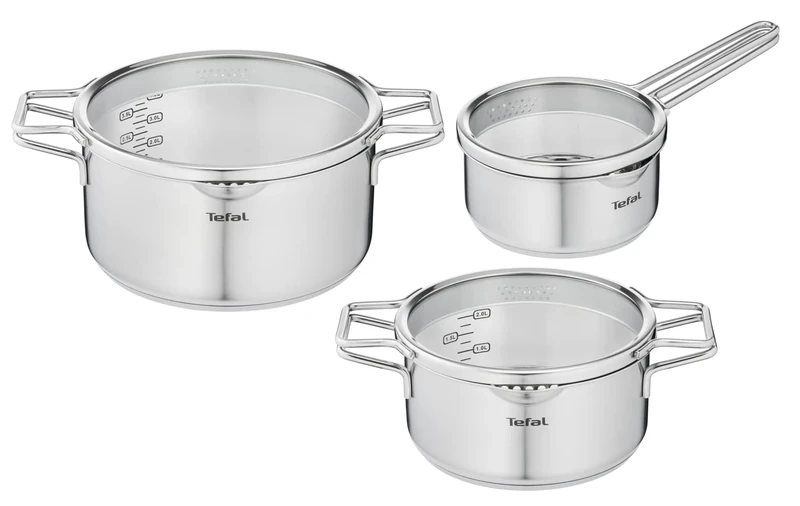 Tefal Nordica Set of 3 Pots + Lids: 2 Saucepans 20/24 cm, 16 cm Stainless Steel Saucepan, 3 Glass Lids, Full Induction Technology, Minimalist, All Types of Hobs, Oven Safe