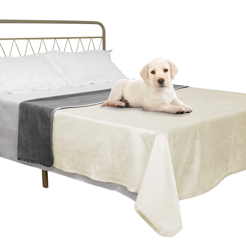 Ameritex Pet Bed Blanket Reversible 100% Waterproof Velvet Super Soft for Sofa and Bed (68x82 Inches, Cream+Grey)