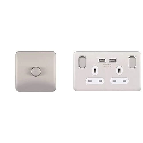 Schneider Electric Lisse Screwless Deco GGBL6012CSSS Universal Dimmer 1 Gang 2 Way 400W/VA & GGBL30202USBAWSSS 2 Gang 13A Switch Socket Single-Pole with 2 x USB Stainless Steel with White Interior