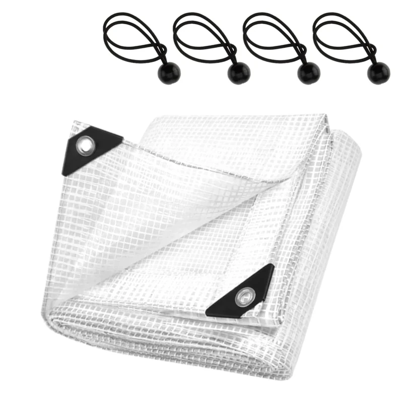 Clear Reinforced Heavy‑Duty Tarpaulin 100 GSM with 4 Ball Bungees - 8 x 10 m Leno Transparent Tarp Sheet with Mesh Support, Reinforced Edges - Waterproof, UV‑Resistant Cover for Camping, Greenhouse