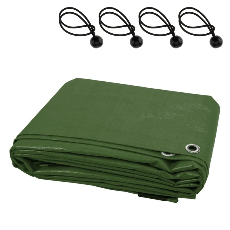 Waterproof Tarpaulin with 4 Ball Bungees - 8 x 12 m Green PE Tarp Cover for Garden, Wood, Camping, Groundsheet, Construction - 90 GSM UV Resistant, Tear-Proof, Mould-Proof, Rope-Reinforced Edges