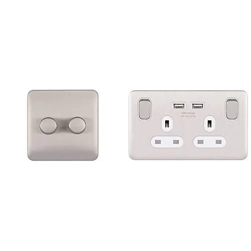 Schneider Electric Lisse Screwless Deco GGBL6022CSSS Universal Dimmer 2 Gang 2 Way 250W/VA & GGBL30202USBAWSSS 2 Gang 13A Switch Socket Single-Pole with 2 x USB Stainless Steel with White Interior