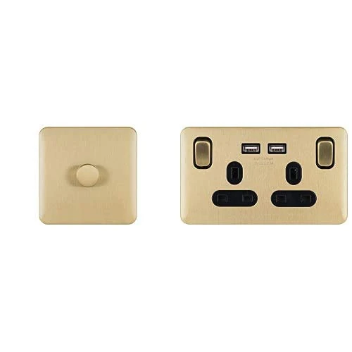 Schneider Electric Lisse Screwless Deco GGBL6012CSBS Universal Dimmer 1 Gang 2 Way 400W/VA & GGBL30202USBABSBS 2 Socket Single-Pole with 2 x USB Satin Brass