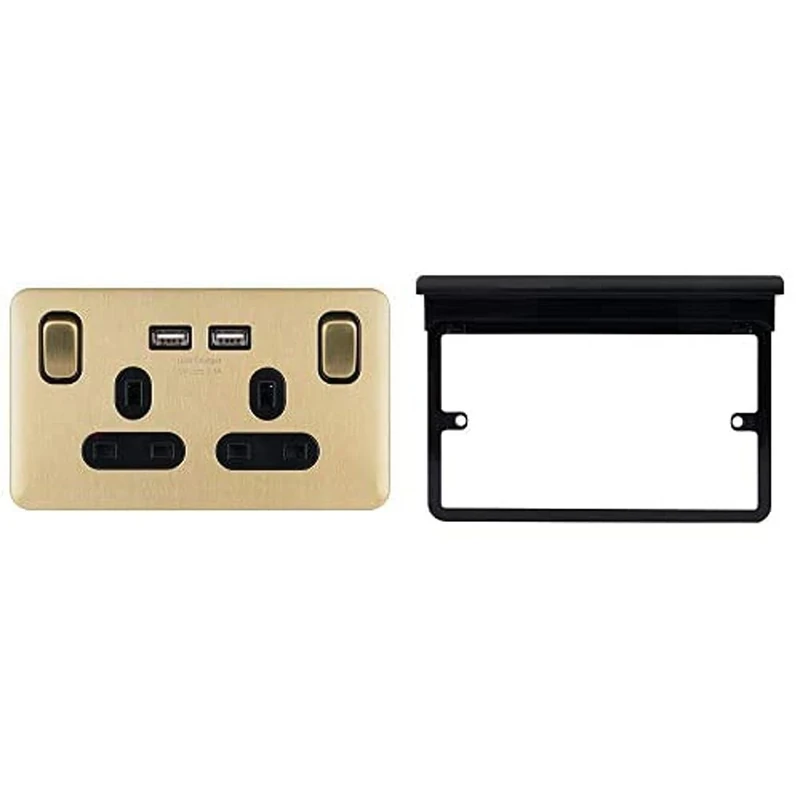Schneider Electric Lisse Screwless Deco GGBL30202USBABSBS 2 Gang 13A Switch Socket Single-Pole with 2 x USB Satin Brass with Black Interior & GGBLSHF2GBS 2 Gang surround with Black Shelf