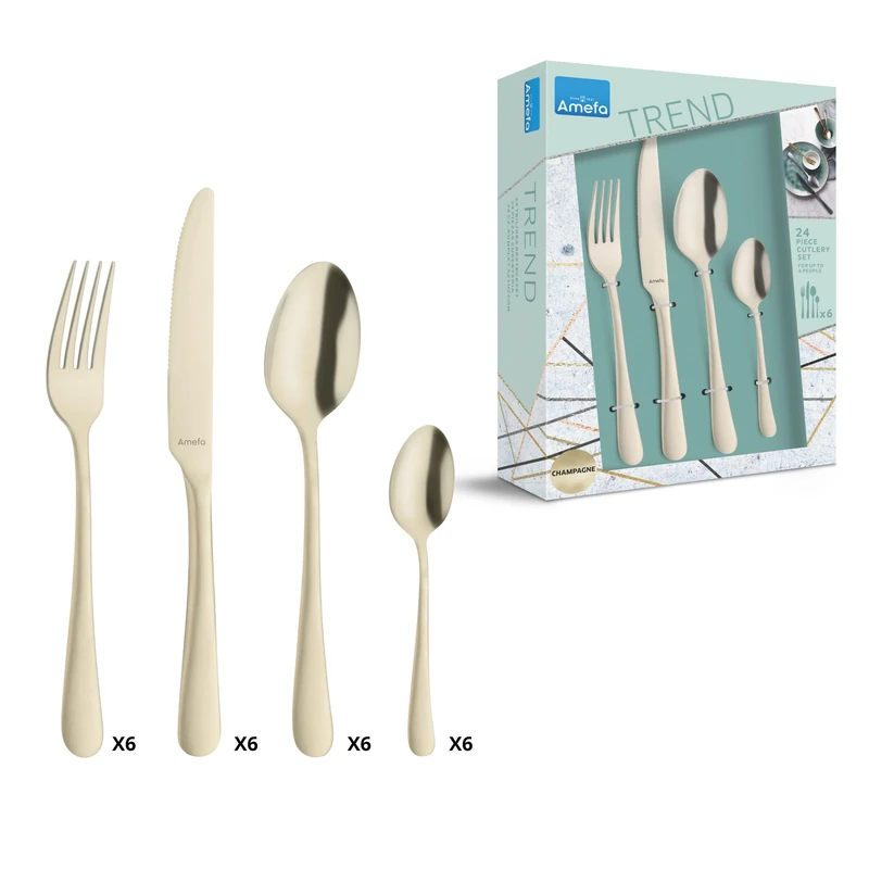 Amefa Austin Champagne 24-Piece Cutlery Set – Stainless Steel Flatware for 6 – Matte Champagne PVD Finish – Table Knives, Forks, Spoons & Teaspoons – Dishwasher Safe
