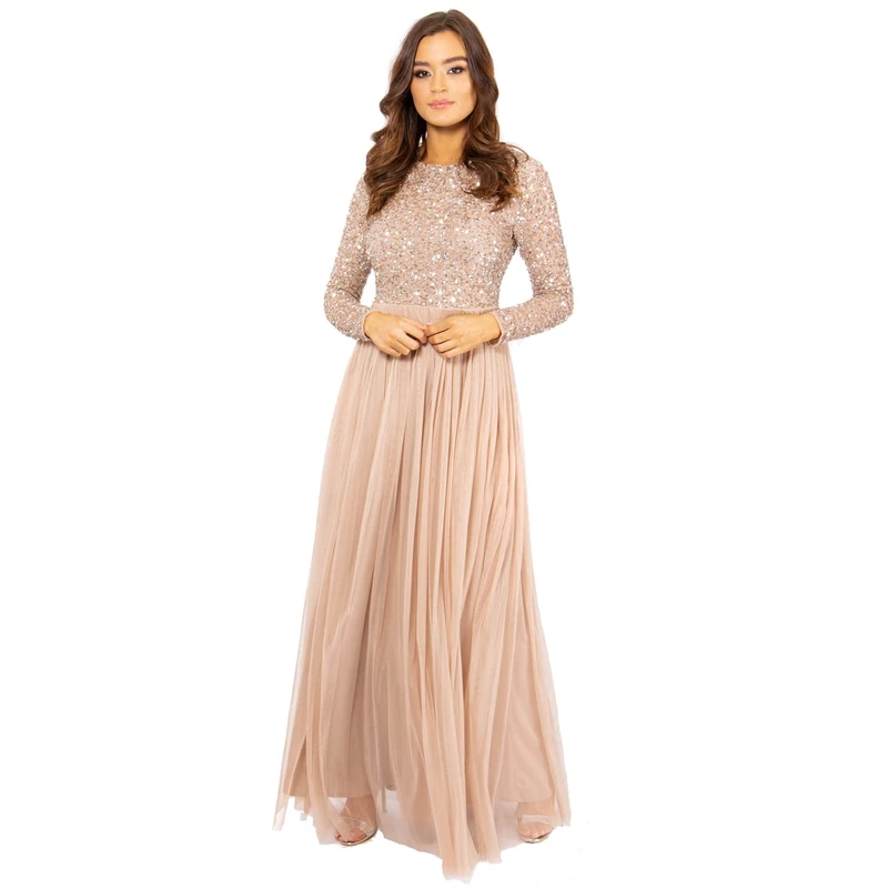 Maya Deluxe Women's Maya Taupe Blush Embellished Long Sleeve Maxi Dress Bridesmaid, 14