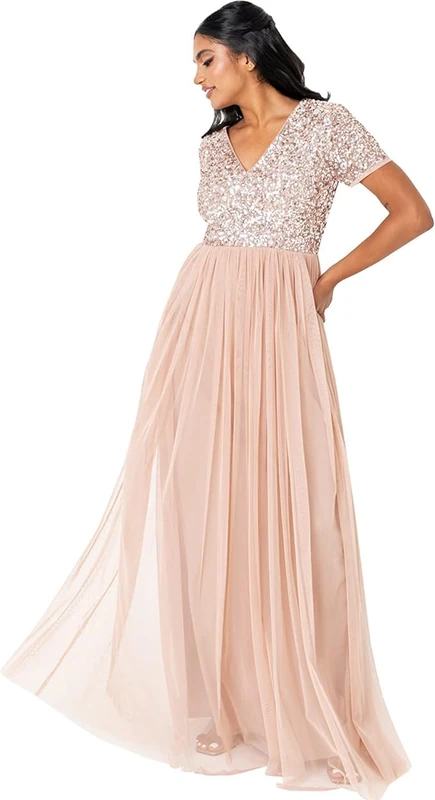 Maya Deluxe Women's Ladies Dress for Wedding Guest Plus Size Empire High Waist Sequins Short Sleeve Evening Bridesmaid, Taupe Blush, 12 - Image 1