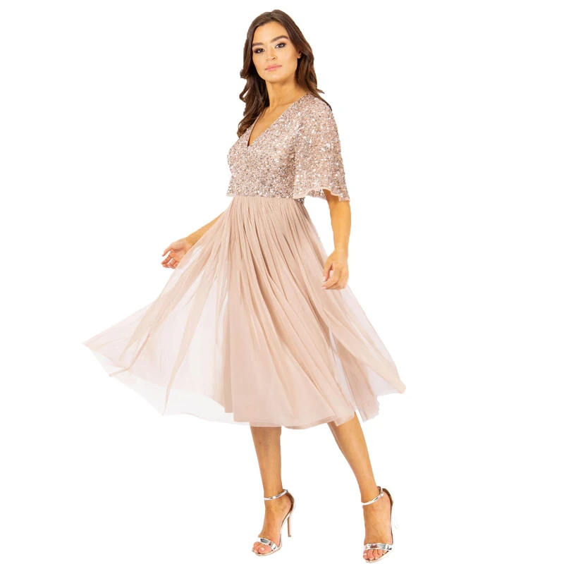 Maya Deluxe Women's Maya Taupe Blush Short Flutter Sleeve Embellished Midi Dress Bridesmaid, 10
