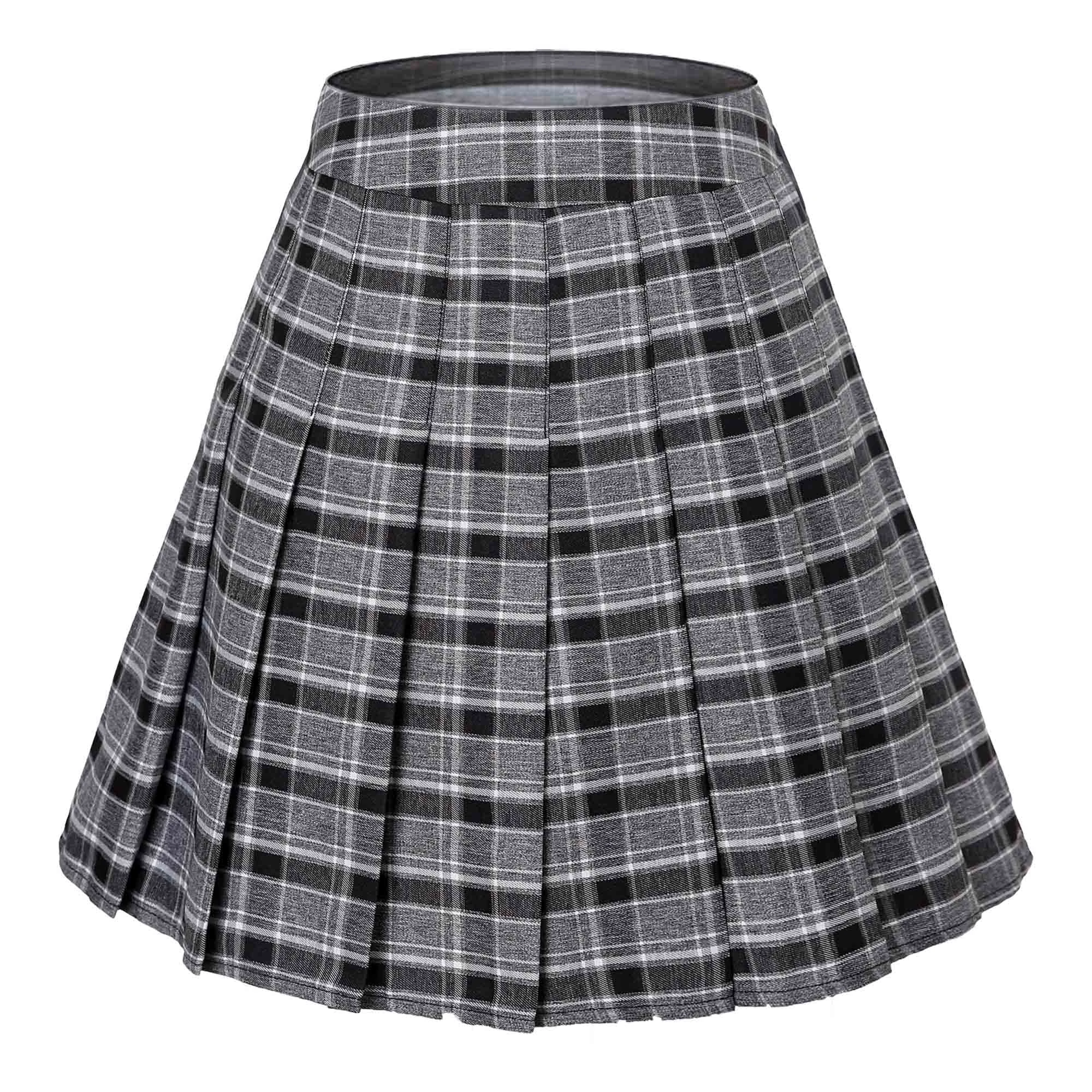 Hoerev Women Girls Short High Waist Pleated Skater Tennis School Skirt -BlackGrey - 10 (L)