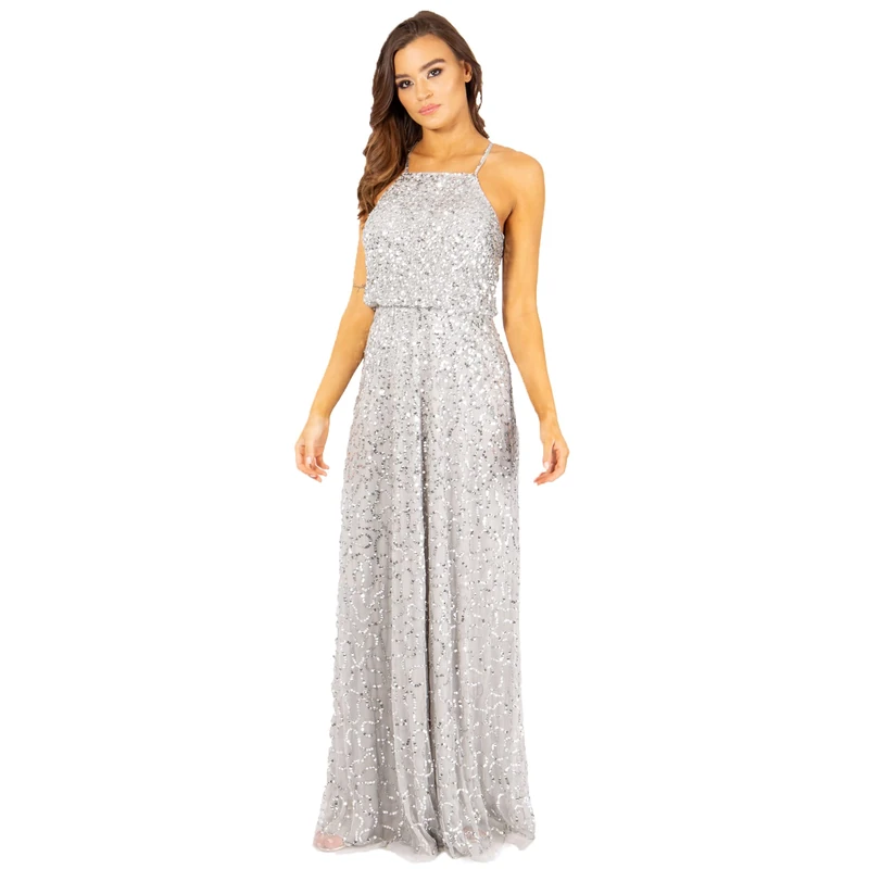 Maya Deluxe Women's Maya Soft Grey Halter Neck Embellished Maxi Dress with Drape Over Waist Bridesmaid, 10