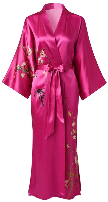 Ledamon Women's 100% Silk Kimono Long Robe - Classic Colors and Prints (Silk, Rose Red-a)