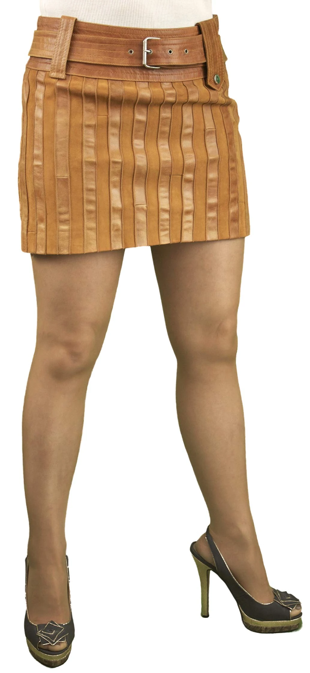 ashwood Tight Tan Real Lambskin Leather Hipster Mini Skirt with Stitched Strip Detail and Belt, UK8, Waist 26in
