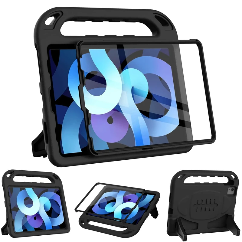 Surom Kids Case with Built-in Screen Protector for iPad Air 5th/4th Generation 2020-2022, 10.9" Shockproof Handle Stand Case with Pro 11 Compatibility, Black