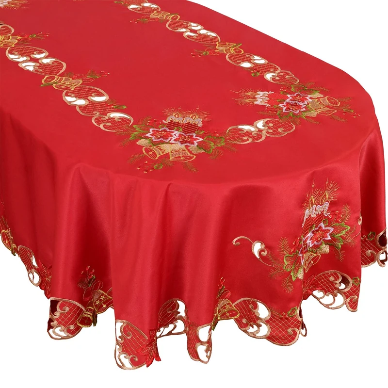 Grelucgo Embroidered Christmas Holiday Red Tablecloth (Oval 60 × 84 Inches)