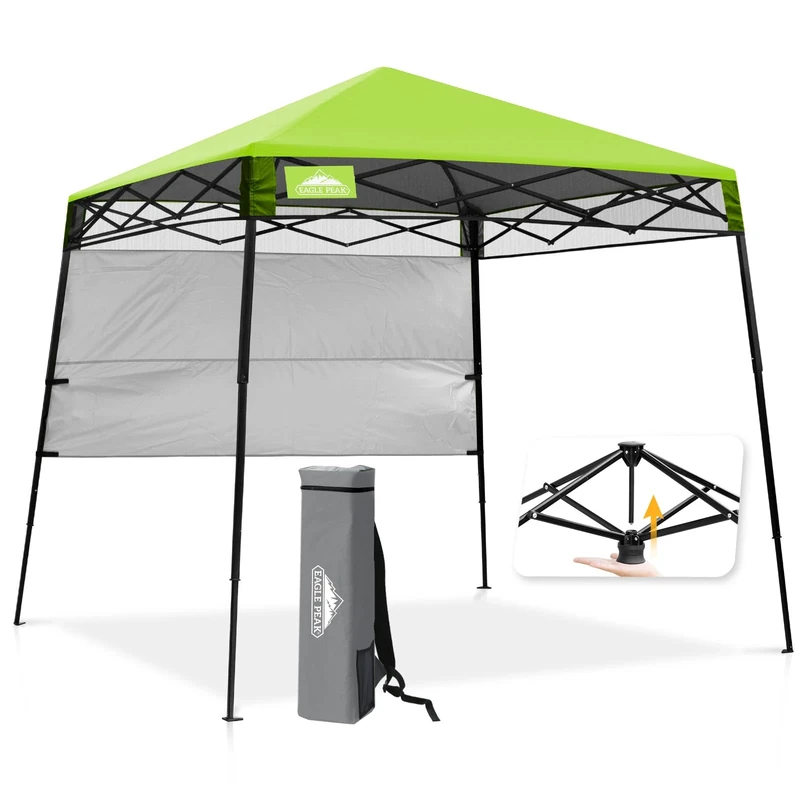 EAGLE PEAK 8x8 Pop Up Canopy Tent with Sidewall, Compact, Portable Slant Leg Instant Sun Shelter for Beach, Sports, & Camping, 8x8 Base 6x6 Top, Green