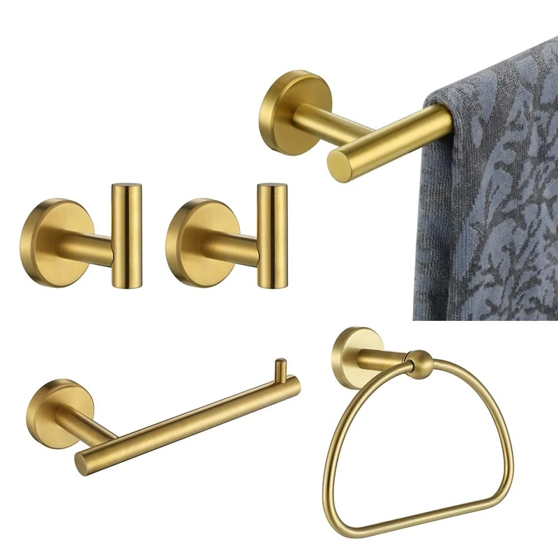 JQK Bathroom Hardware Set Gold, 5-Piece Bath Accessories Set Brushed Gold Wall Mount Includes 24 in Towel Bar, 9 in HT Bar, TP Holder, Towel Hook x 2, BAS165-BG