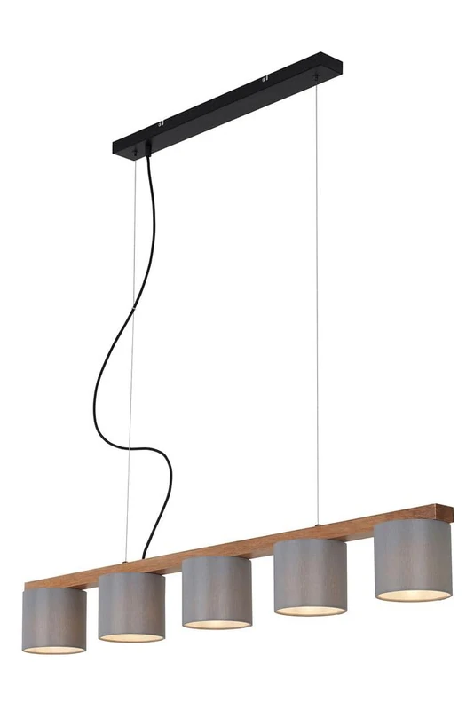 BRILONER Leuchten - Hanging Light, 5-Flame suspending Light, Retro, Vintage, Height-Adjustable, 5 x E14, max. 25 watts, Metal and Wood, inc. Grey Fabric Shades, 1100 x 150 x 1360 mm (L x W X H)