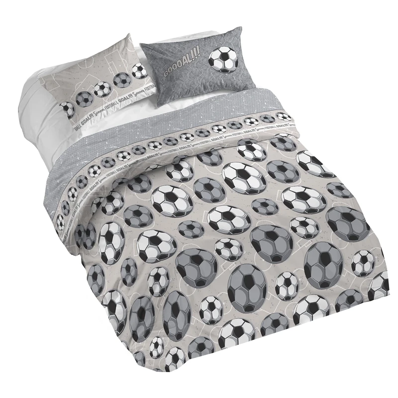 PENSIERI DELICATI 100% Cotton Double Duvet Cover Set, Complete with 250 x 200 cm Bag and 2 Pillowcases 52 x 82 cm, Made in Italy, Duvet Cover Machine Washable At 40 Degrees, Grey Football Design
