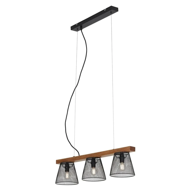 BRILONER Leuchten - Hanging Lights, 3-Flame Suspended lamp, Retro, Vintage, Height-Adjustable, mesh Appearance, 3X E14, max. 25 watt, Metal and Wood, Black, 650 x 150 x 1360 mm (L x W x H)