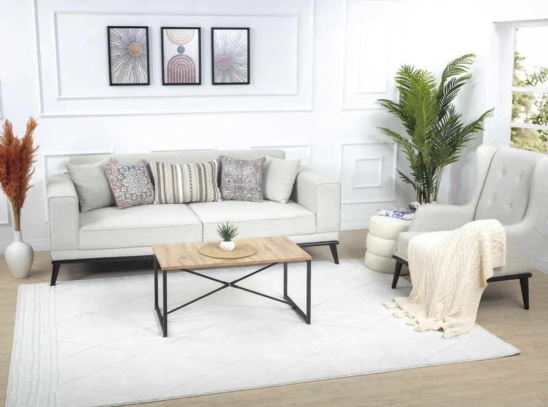 Livabliss Linkka Geometric Rug - Scandi Area Rugs Living Room 160x213 cm, Dining, Kitchen - Neutral, Abstract Patterned Rugs, Boho Style, Easy Care Pile - Large Rug, Cream