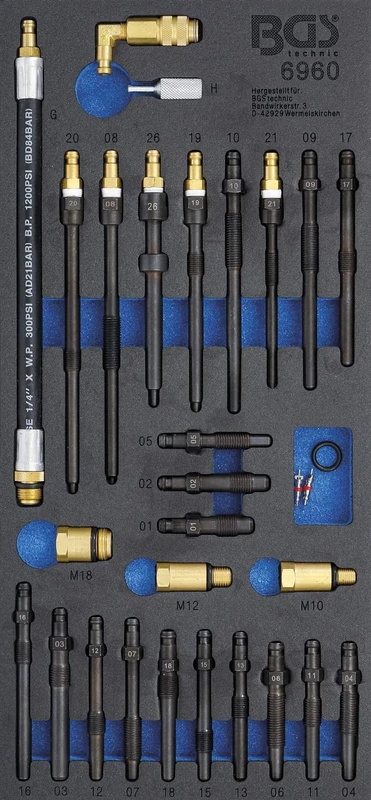 BGS 6960 | Tool Tray 1/3: Adaptor Set for Compression and Pressure Loss Tester | 30 pcs.