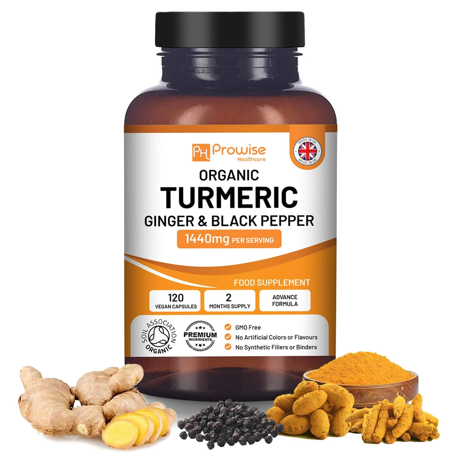 Organic Turmeric Capsules High Strength 1440mg | 120 Capsules with Black Pepper, Ginger & Active Ingredient Curcumin (2 Month Supply) | Made in UK by Prowise Healthcare