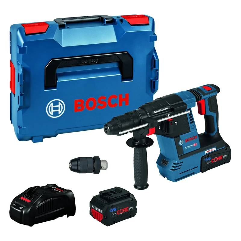 Bosch Professional 18V System Akku Bohrhammer GBH 18V-26 F (2,6 J, SDS plus, inkl. 2x5.5 Ah ProCORE18V Akkus, Ladegerät GAL 1880 CV, Staubabsaugung GDE 18V-16, in L-BOXX 238)