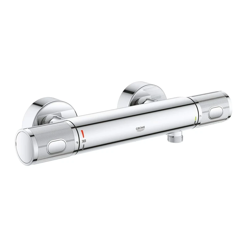 GROHE Precision Feel - Wall Mounted Exposed Thermostatic CoolTouch Shower Mixer (Knurl Grip, Safety Button at 38°C, EcoButton, Metal Escutcheon), Size 313 x 80 mm, Chrome, 34790000