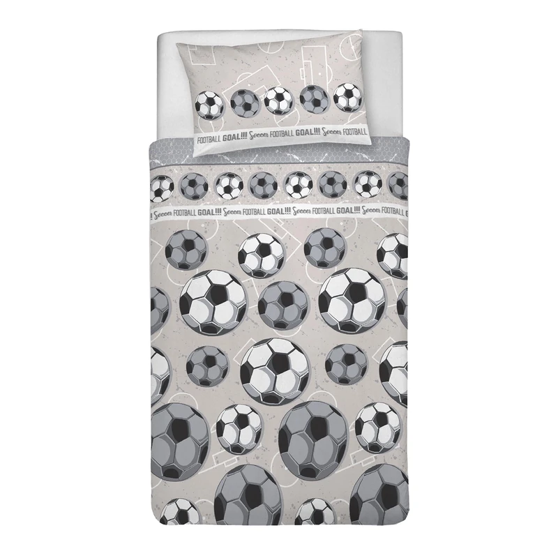 PENSIERI DELICATI Single Duvet Cover Set, 100% Cotton, Complete with 155 x 200 cm Bag and 1 Pillowcase 52 x 82 cm, Made in Italy, Duvet Cover Machine Washable At 40 Degrees, Grey Football Design