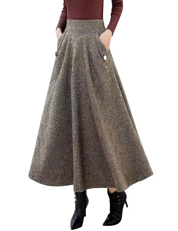 Ylingjun Warm Long Wool Skirt for Womens Winter Fall Elastic High Waisted A Line Flared Pleated Wool Skirts, Khaki, L