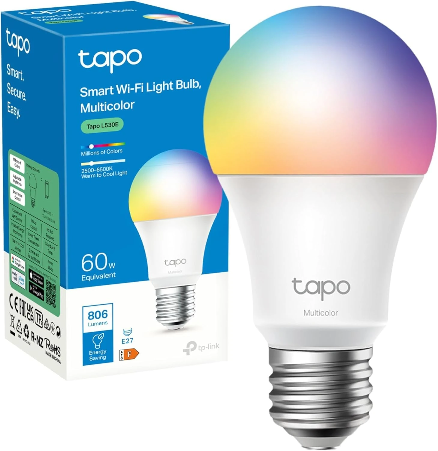 Tapo L530E Smart Bulb, E27 Multicolour Alexa Light Bulb, 8.3W (60W), Dimmable, Schedule & Timer, Away Mode, Energy Saving, Voice Control Alexa & Google, App Remote Control