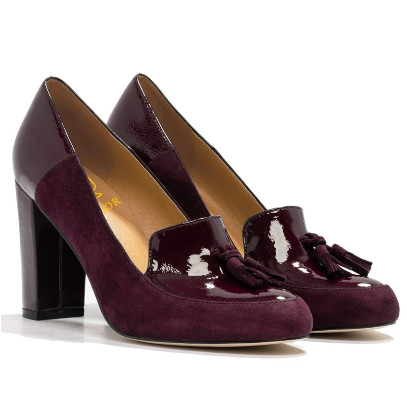 LEHOOR Women Chunky Block High Heel Fringed Pumps Round Toe, Slip On Dress Loafers with Tassel Suede Patent Leather Patchwork for Ladies Girls Office 4-13 M US Purple Size: 5.5 UK - Image 1