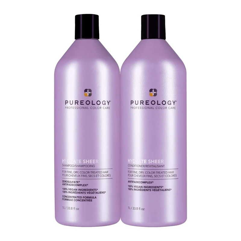Pureology Hydrate Sheer, Moisturising Shampoo and Conditioner Set, For Fine, Colour Treated Hair, Vegan Formulas, Sulphate Free for a Gentle Cleanse