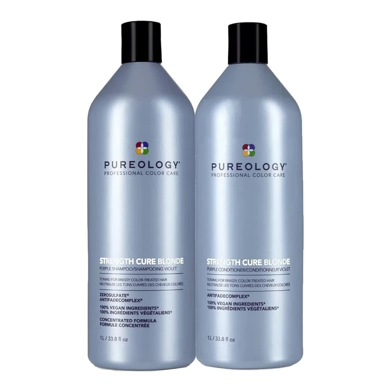 Pureology Strength Cure Blonde Purple Shampoo & Conditioner Duo Set, Restore & Tone for Brassy Blonde Hair, Vegan Formulas, Sulphate Free for a Gentle Cleanse 1000ml
