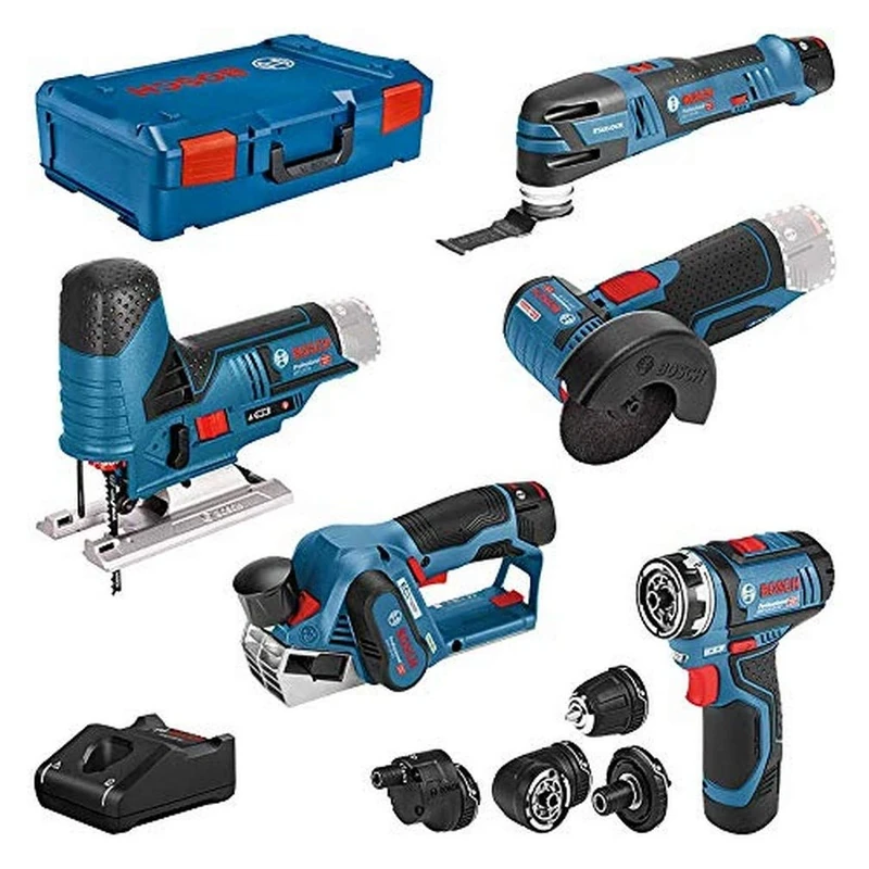 Bosch Professional GSR 12V-15 FC Cordl Drill/Driver (+4x adapt)+planer GHO 12V-20+angle grinder GWS 12V-76+jigsaw GST 12V-70+multi-cutter GOP 12V-28 (+2 x 2.0 Ah, 1 x 3.0 Ah rechrg batt+chgr, XL-BOXX)