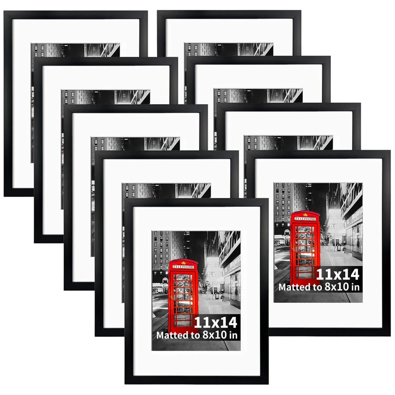Lavezee 11x14 Picture Frame Set of 9, Black Frames for Photos 8x10 with Mat or 11x14 Without Mat, Table Top and Wall Mounting Decor