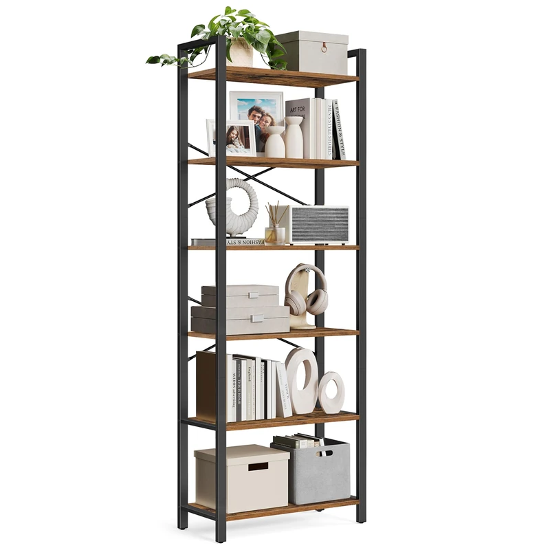 VASAGLE 6-Tier Bookshelf, Bookcase, Shelving Unit, for Office, Study, Living Room, Bedroom, 30 x 66 x 186 cm, Industrial, Rustic Brown and Ink Black LLS062B01