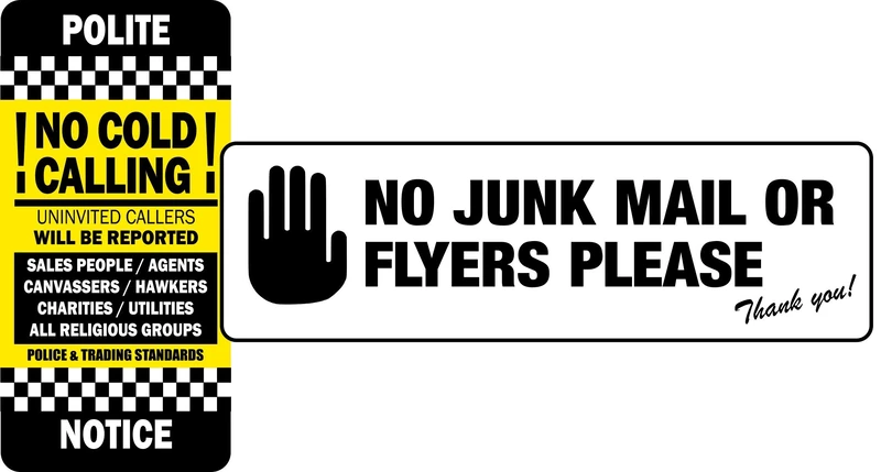 Buyit No Junk Mail Sign Sticker - No Cold Calling Sign Sticker - For Front Door Letter Box - Self Adhesive Vinyl Label Durable and Resistant Waterproof Heat proof Highly Indoor Outdoor (1 of Each)