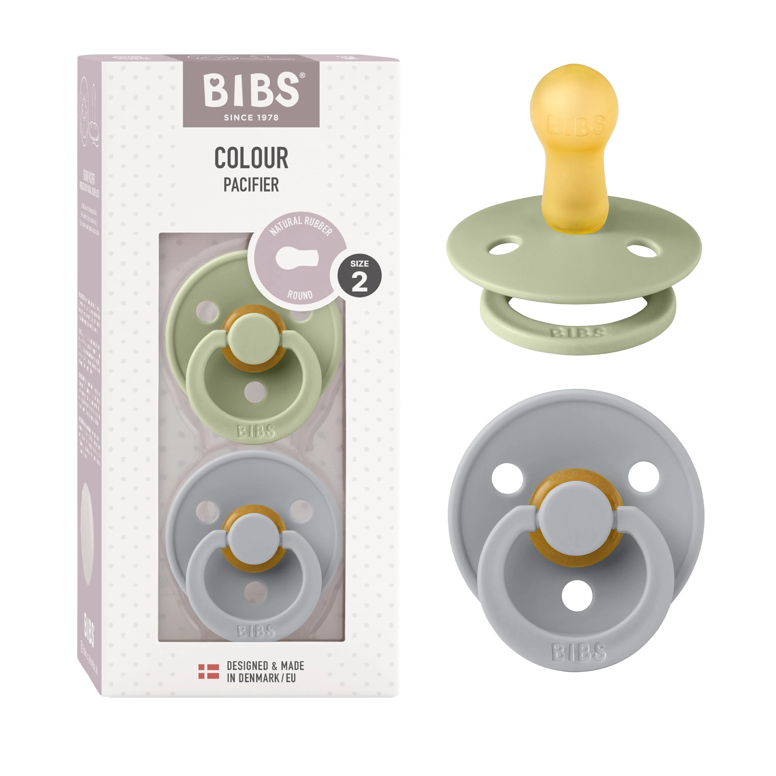BIBS Colour Soother 2-Pack, BPA Free Dummy Pacifier, Round Nipple. Natural Rubber Latex, Size 2 (6-18 Months), Sage/Cloud