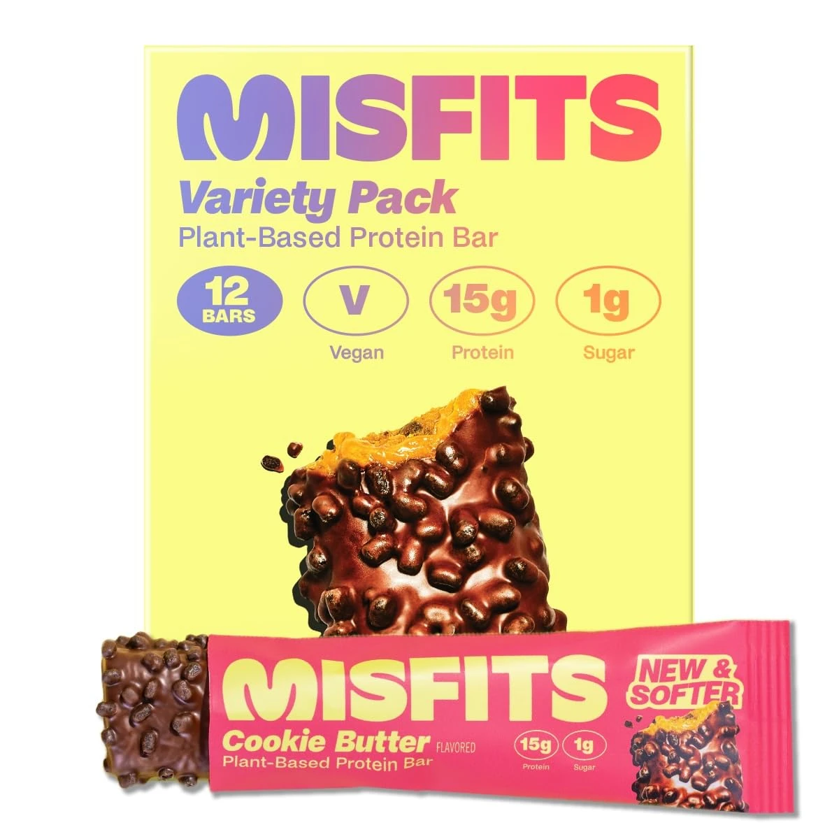 Misfits Vegan Protein Bars - Updated Recipe | Low Sugar & Carb, High Fibre Snacks | Variety Pack of 12 (4 Flavours)